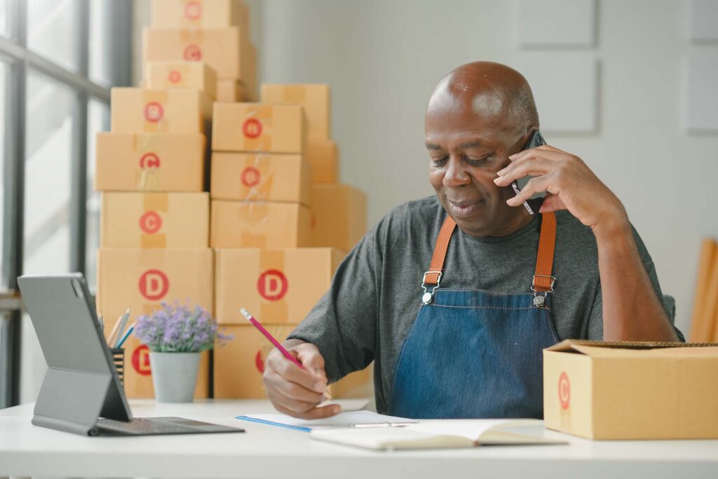 man with stack of parcels behind him engaged in small business activities